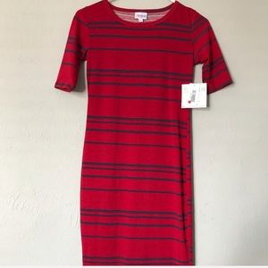 LuLaRoe Red/Blue Striped Julia T-shirt Dress, XXS